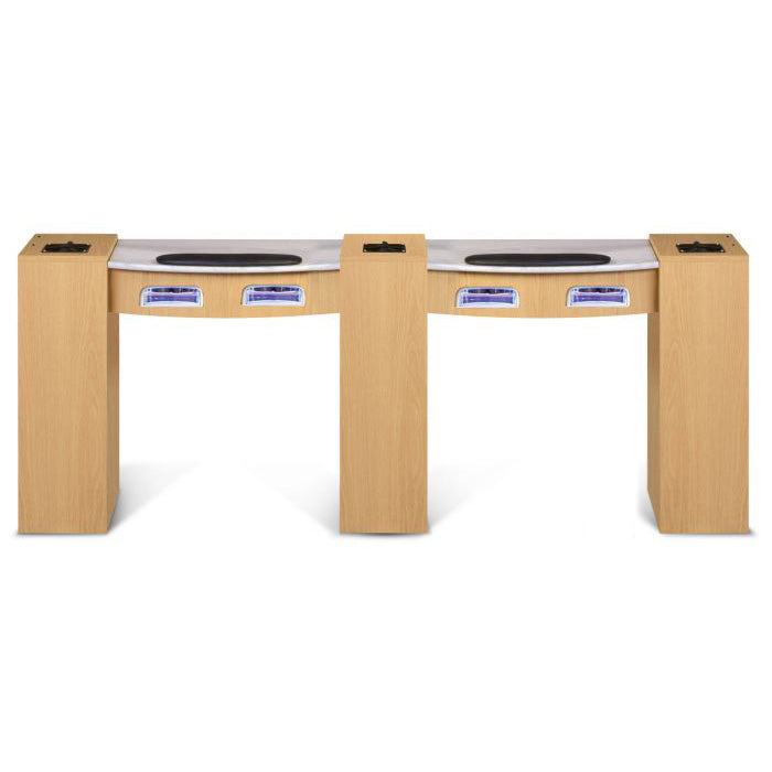 Classic Double Manicure Nail Table with UV Gel Lights Natural wood color. Comes with 3 other customized colors.  Shared middle column. The Classic Double Nail Table with UV Gel Lights ships on 1 pallet.