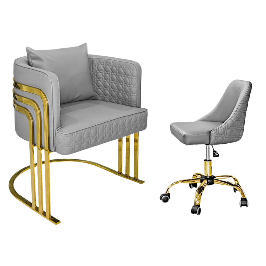 A matching wholesale bundle set of a luxury salon customer chair and an ergonomic rolling technician stool.