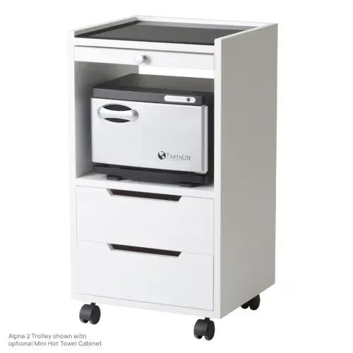 A sleek, modern salon station setup featuring a matching stationary storage cabinet and a mobile rolling service trolley with pull-out drawers.