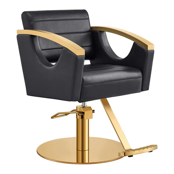 A modern hydraulic hair styling chair next to an adjustable, reclining all-purpose salon chair with premium leather upholstery.