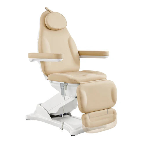 A sleek, high-end electric facial bed featuring adjustable multi-section positioning and plush professional upholstery.