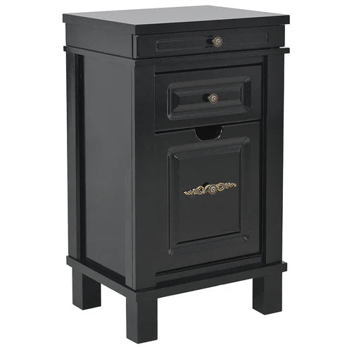 A modern black wooden salon styling station cabinet with built-in heat-resistant tool holders and storage drawers.