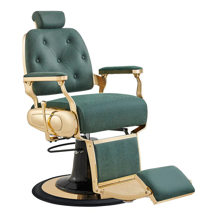 A classic vintage-style professional barber chair featuring tufted black leather upholstery, polished chrome accents, and an adjustable footrest.