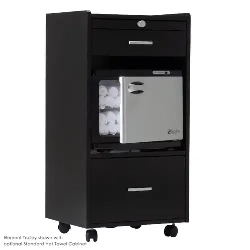 A sleek black professional salon trolley featuring multiple slide-out storage drawers, side appliance holders, and smooth-rolling caster wheels.