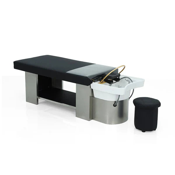 A professional Japanese head spa bed featuring an integrated golden halo water therapy ring and a deep shampoo basin.
