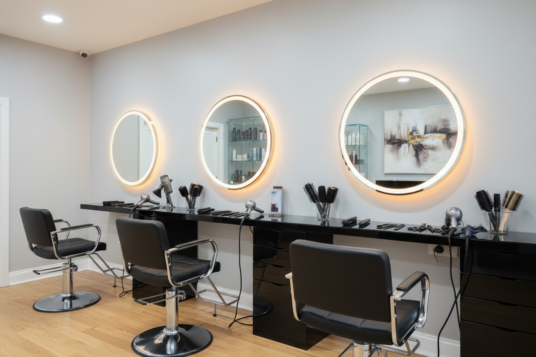 Professional salon hair equipment setup featuring styling chairs, wash stations, and hair dryers.