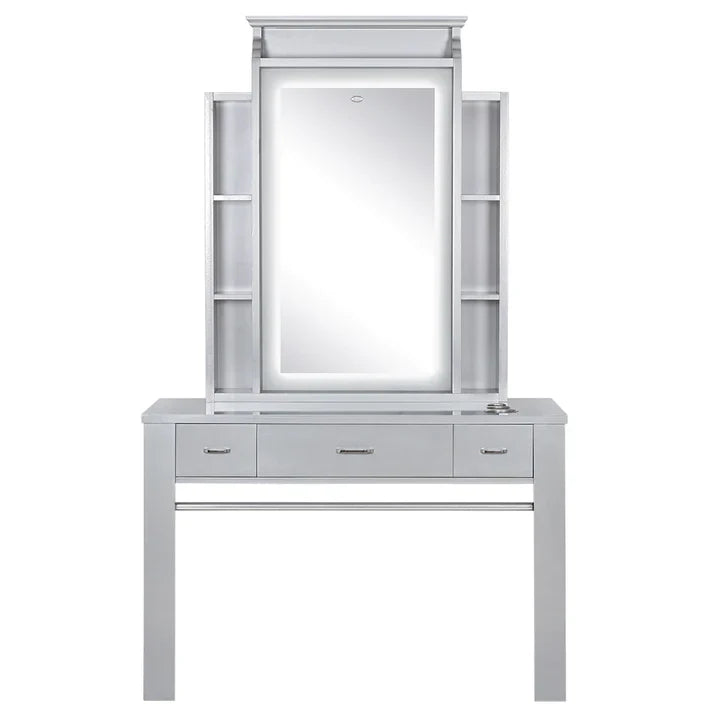 A modern wall-mounted salon styling hair station featuring a large round LED backlit mirror and a sleek wooden vanity table.