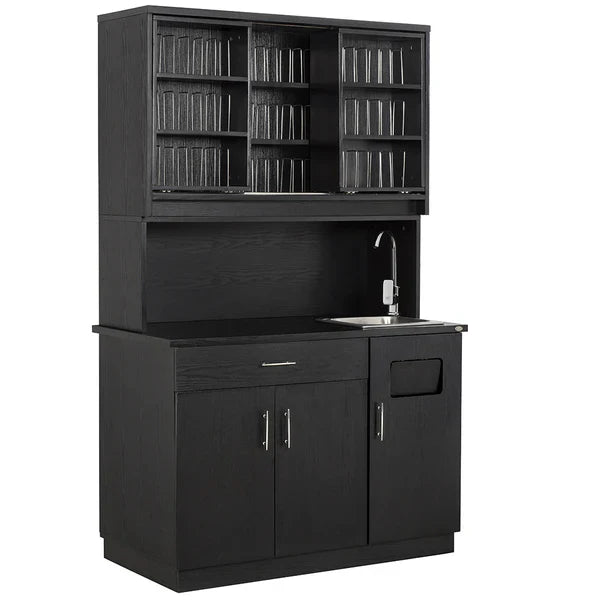A sleek, modern hair salon work station featuring a large backlit mirror, built-in heat-resistant styling tool slots, and wood grain storage cabinets.