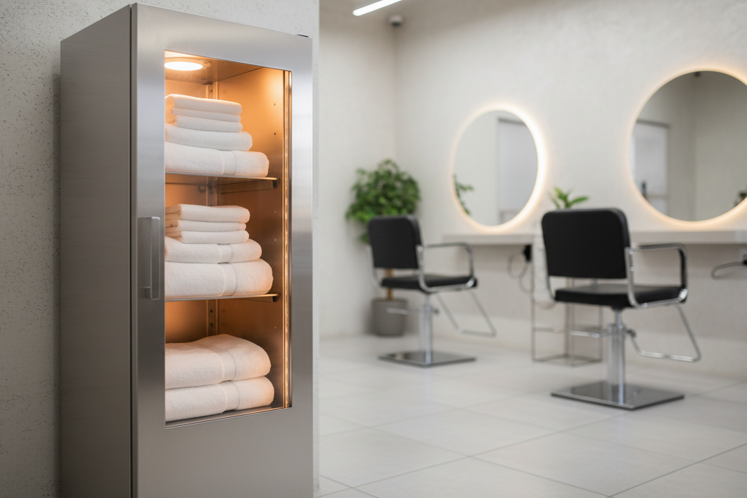 Professional salon towel warmer cabinet containing neatly rolled white spa towels.