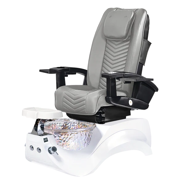 A modern pedicure spa chair with a gray padded seat, black armrests, and a white base featuring a clear glass foot basin with a built-in light.
