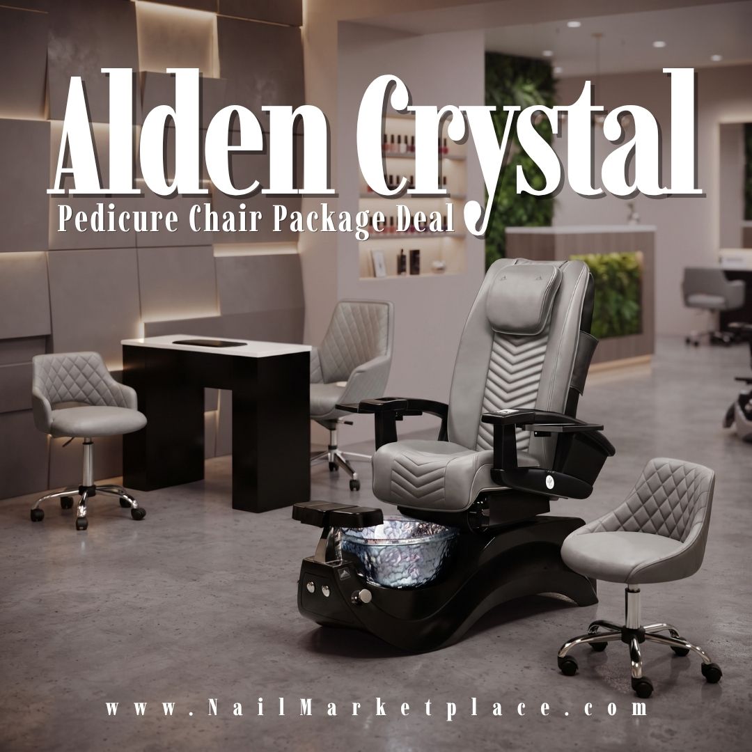 Alden Crystal Pedicure Chair Package Deal featuring a luxury grey and black pipeless spa chair, matching technician stool, manicure table, and glass basin in a modern salon showroom.