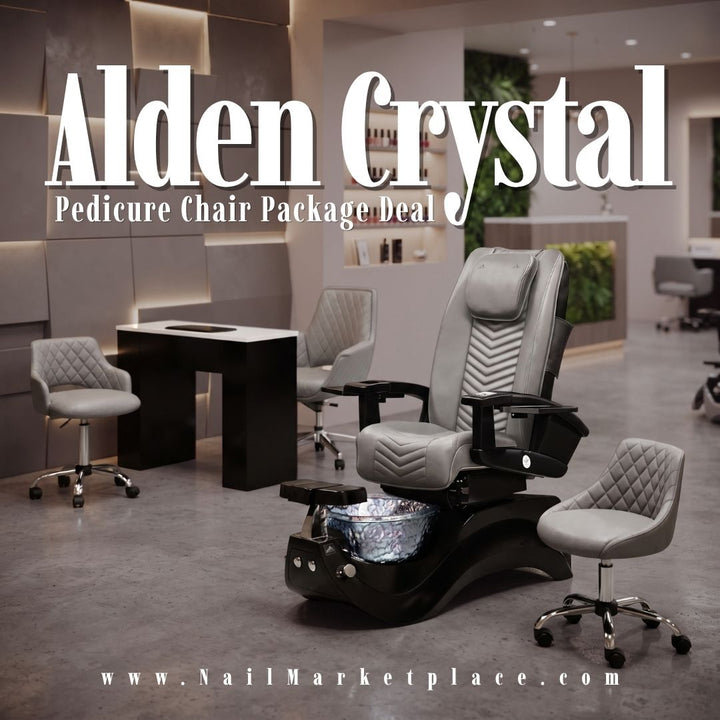 Alden Crystal Pedicure Chair Package Deal featuring a luxury grey and black pipeless spa chair, matching technician stool, manicure table, and glass basin in a modern salon showroom.