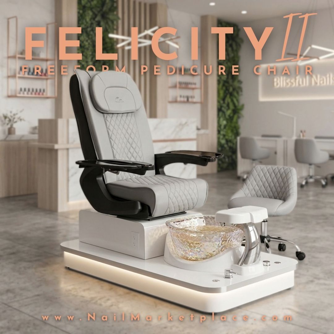 Felicity II Freeform Pedicure Chair with grey diamond-tufted upholstery, iridescent glass basin, and matching technician stool in a modern salon.