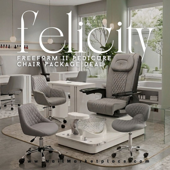 Felicity Freeform II pedicure chair package deal in grey quilted upholstery with matching salon stools and manicure table by Nail Marketplace.