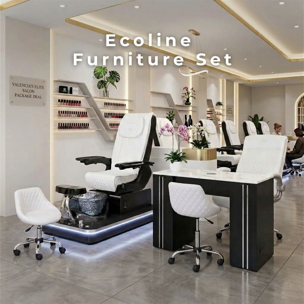 Ecoline Furniture Set salon package with white quilted pedicure spa chair, marble-top manicure table, and technician stools