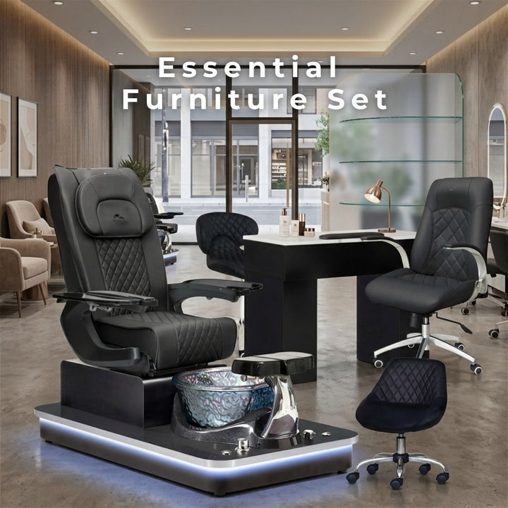 Essential salon furniture set featuring a black quilted pedicure spa chair with LED lighted base, black manicure table, and matching technician chairs.