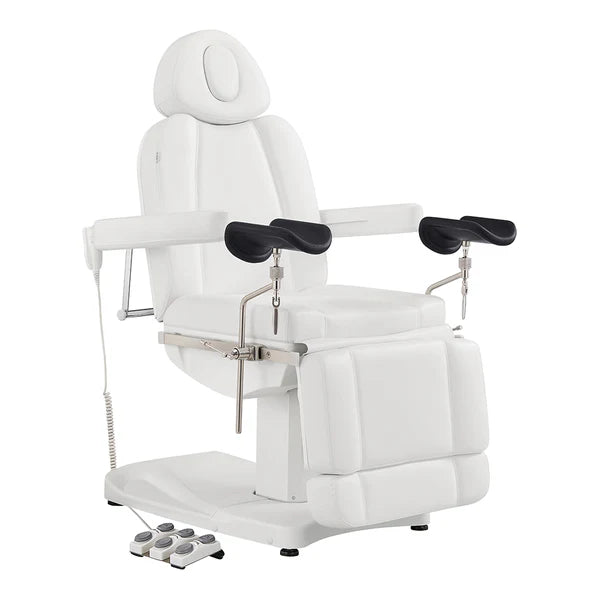 High-end White electric salon and medical exam chair with adjustable arm supports and automatic foot remote.