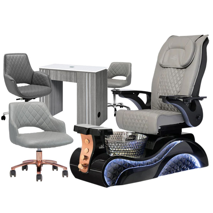 Pedicure chair with a table and additional chairs on a white background