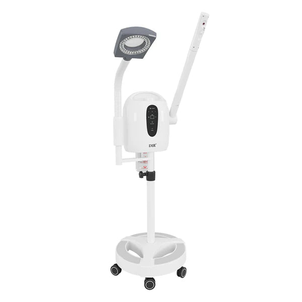 DIR MicroMisty 3-in-1 Professional Facial Steamer with LED Magnifying Lamp and rolling base for medical spa and esthetician treatments.