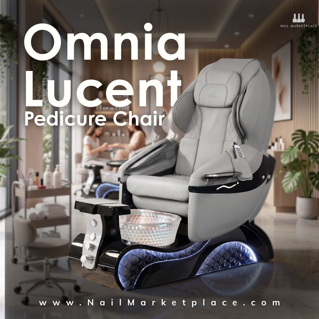 Omnia Lucent luxury pedicure chair in grey upholstery with illuminated crystal glass basin and black base.