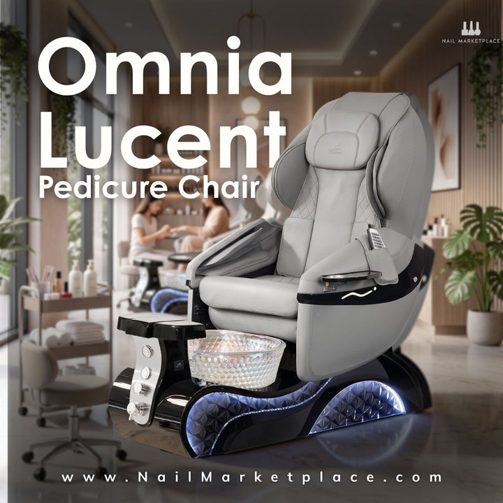 Omnia Lucent luxury pedicure chair in grey upholstery with illuminated crystal glass basin and black base.