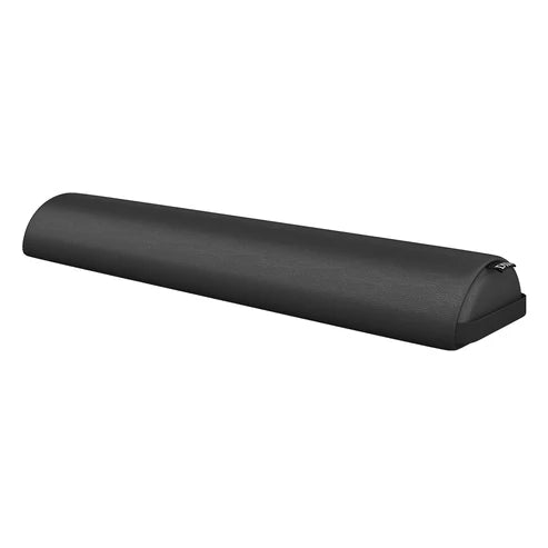 Long black semi-roller bolster pillow in premium faux leather for neck and leg support on treatment tables.