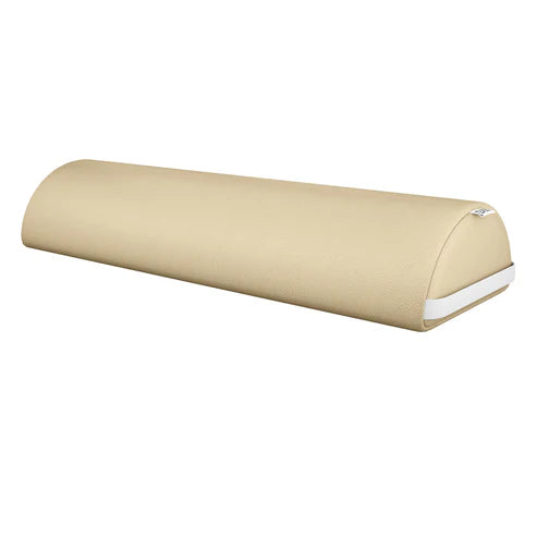 Beige therapeutic massage cushion for spa and medical settings, this half-round bolster helps with body alignment in chiropractic, acupuncture, and physical therapy sessions.
