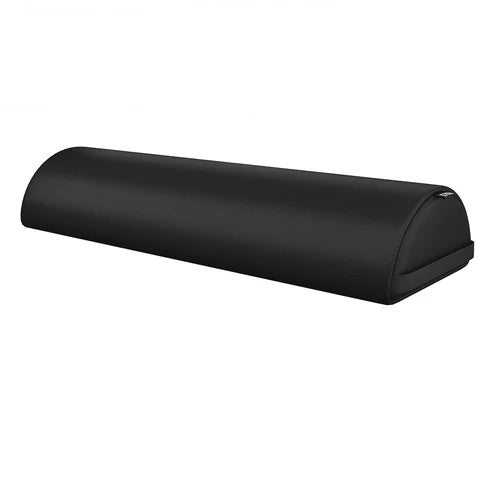 Black therapeutic massage cushion for spa and medical settings, this half-round bolster helps with body alignment in chiropractic, acupuncture, and physical therapy sessions.