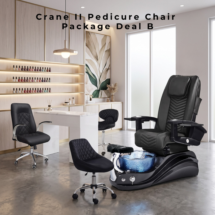 Crane II Pedicure Chair Package Deal B featuring a modern black pedicure spa chair with an illuminated blue glass basin, matching black quilted technician stool, black salon client chair, and white manicure desk in a nail salon setting.