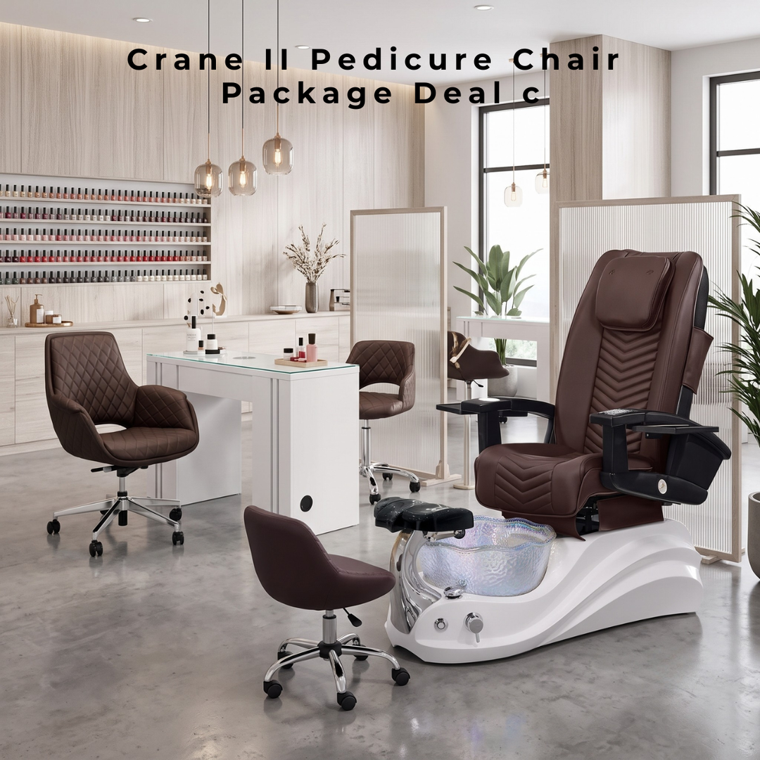 Crane II Pedicure Chair Package Deal C featuring a luxury brown leather pedicure spa chair with a white base, matching brown quilted manicurist chairs, and a modern white manicure table in a salon setting.