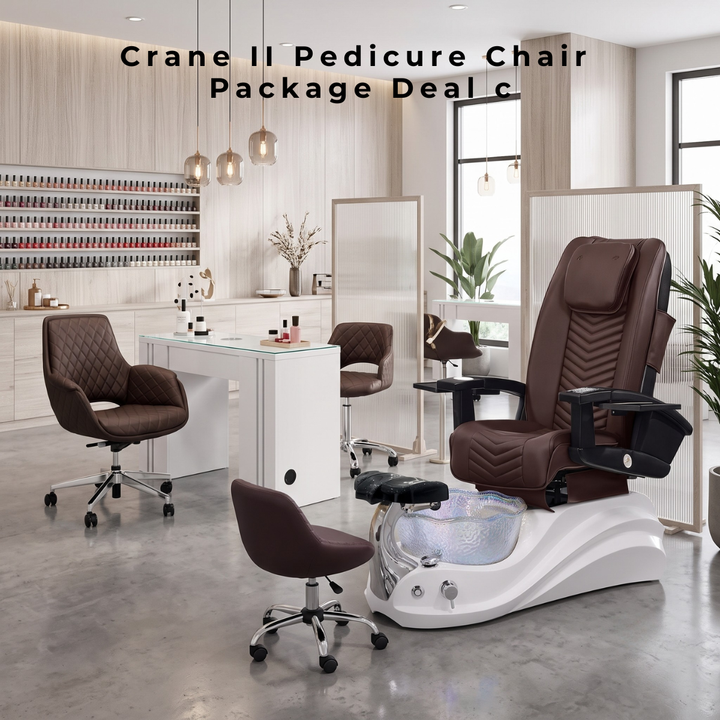 Crane II Pedicure Chair Package Deal C featuring a luxury brown leather pedicure spa chair with a white base, matching brown quilted manicurist chairs, and a modern white manicure table in a salon setting.