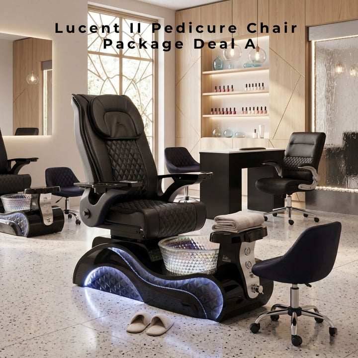 Lucent II Pedicure Chair Package Deal A featuring a black diamond-stitched spa chair, LED-lit basin, and matching salon stool.