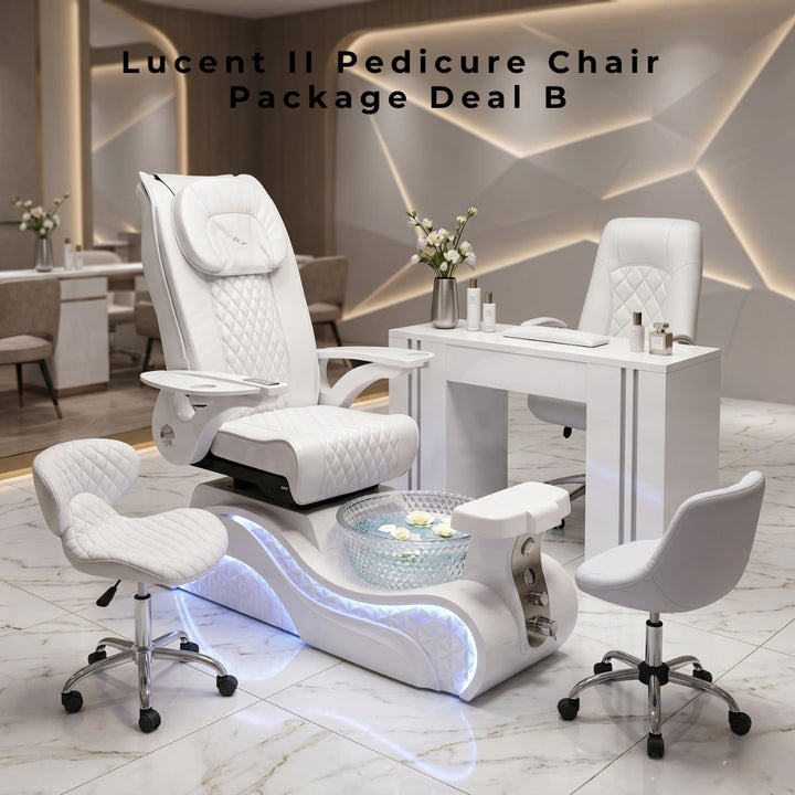 Lucent II Pedicure Chair Package Deal B featuring a white quilted pedicure spa chair, manicure desk, and matching stools.