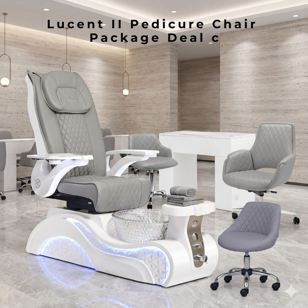 Lucent II Pedicure Chair Package Deal C with grey luxury spa chair, matching technician stools, and white manicure station.