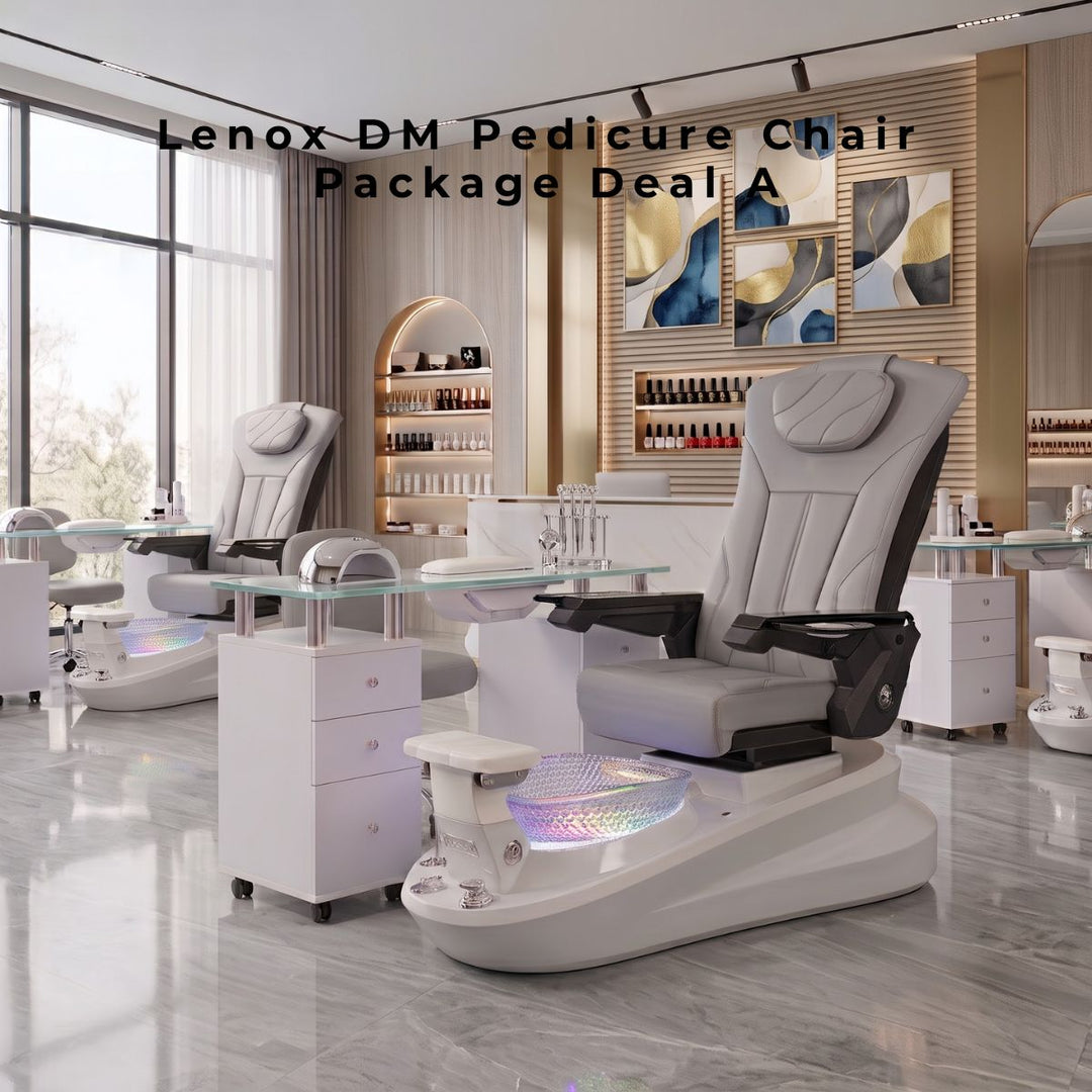 Modern grey pedicure chair with white base, LED illuminated glass bowl, and matching white manicure table cart in a luxury nail salon.