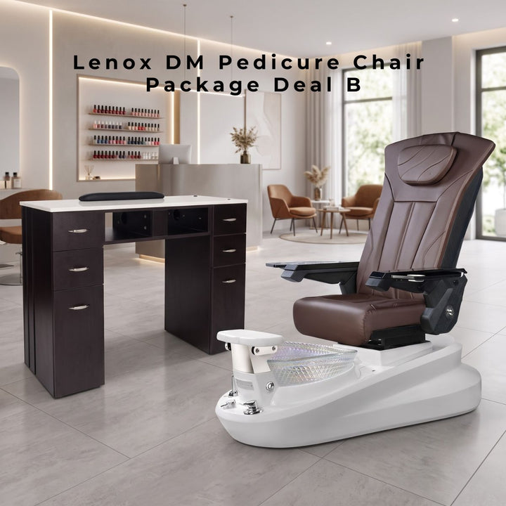 Lenox DM Pedicure Chair Package Deal B featuring a brown leather pedicure spa chair with a white base and a matching dark wood manicure table.