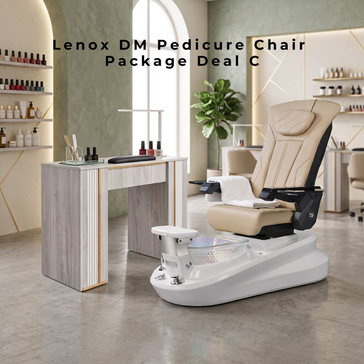 Lenox DM Pedicure Chair Package Deal C featuring a luxury tan pedicure chair and matching grey/ gold wood manicure table.