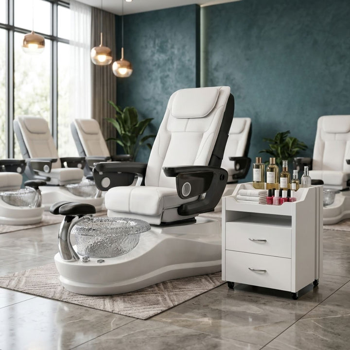 Modern white and black pedicure spa chair with a glass bowl basin, adjustable footrest, and a matching white rolling salon trolley cart with drawers in a luxury spa setting.