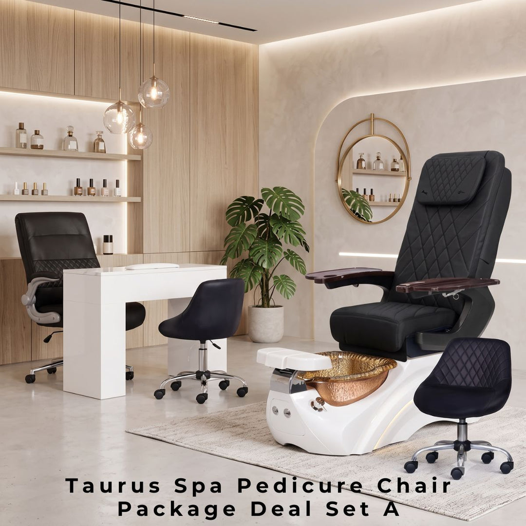 Taurus Spa Pedicure Chair Package Deal Set A featuring a black quilted leather pedicure chair with a gold foot basin, a sleek white manicure table, and matching black salon chairs in a modern spa setting.