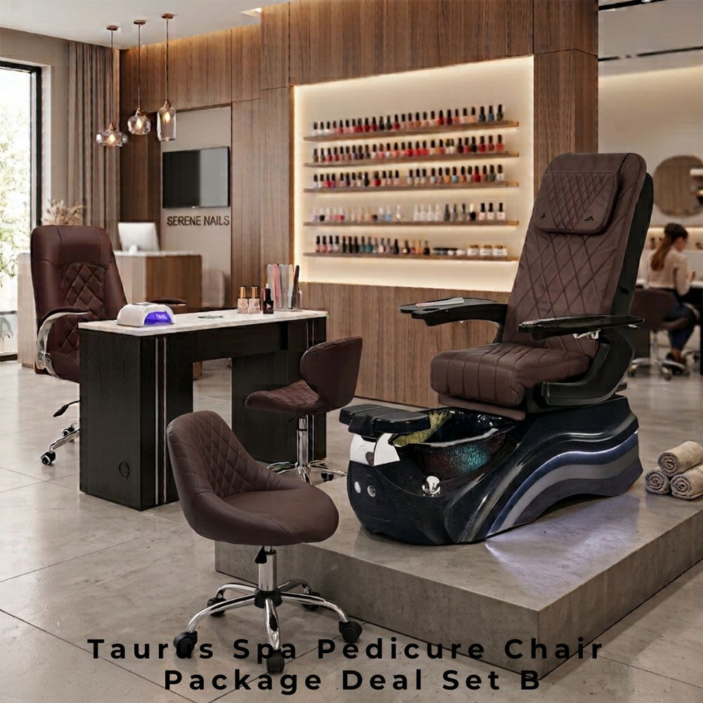 aurus Spa Pedicure Chair Package Deal Set B. Features a luxury brown quilted leather spa pedicure chair with a sleek black illuminating foot basin, a dark wood manicure table with a white marble top, and matching brown rolling technician chairs in a modern nail salon.