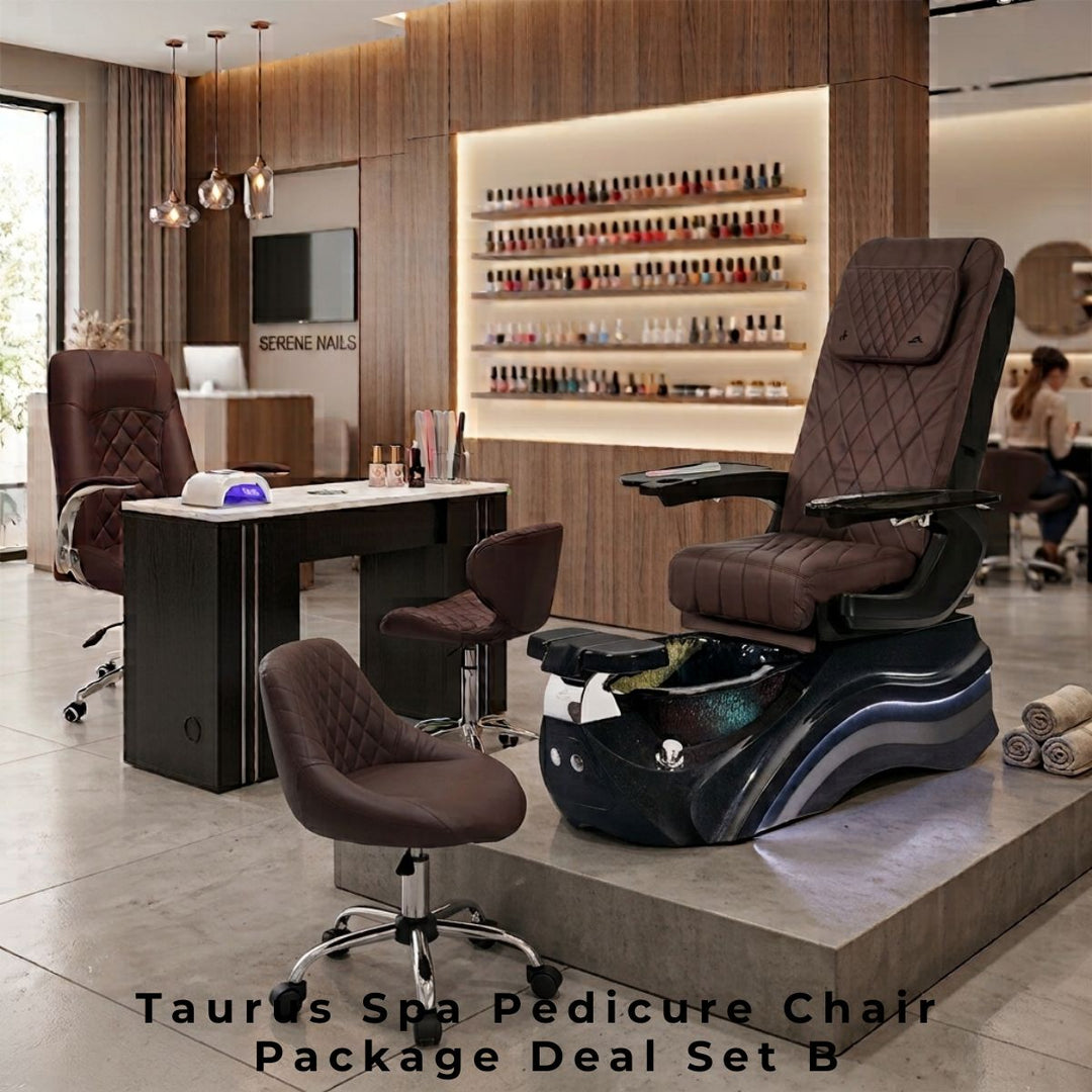 aurus Spa Pedicure Chair Package Deal Set B. Features a luxury brown quilted leather spa pedicure chair with a sleek black illuminating foot basin, a dark wood manicure table with a white marble top, and matching brown rolling technician chairs in a modern nail salon.