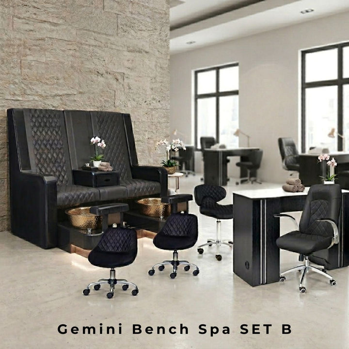 Gemini Bench Spa Set B featuring a 2-person black leather double pedicure bench with gold bowls, manicure nail table, client chair, and technician stools in a modern salon setting.
