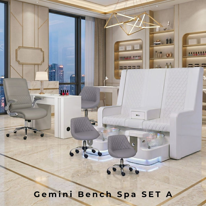 Gemini Bench Spa SET A featuring a white double pedicure bench with glass bowls, matching nail table, luxury gray tech stools, and a plush manicurist chair in a modern salon.