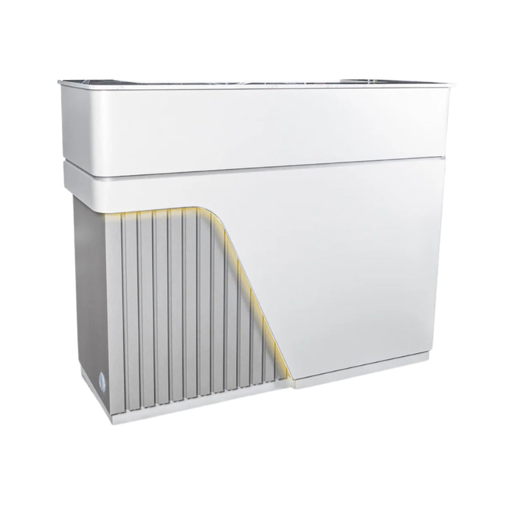 Evee light grey salon reception desk with front LED accent lighting and granite quartz countertop.