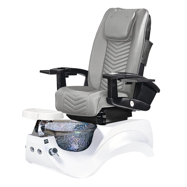 A modern pedicure spa chair with a high backrest, gray padded seat and headrest, black armrests, and a white base with a blue-gray patterned foot basin, shown on a plain white background.
