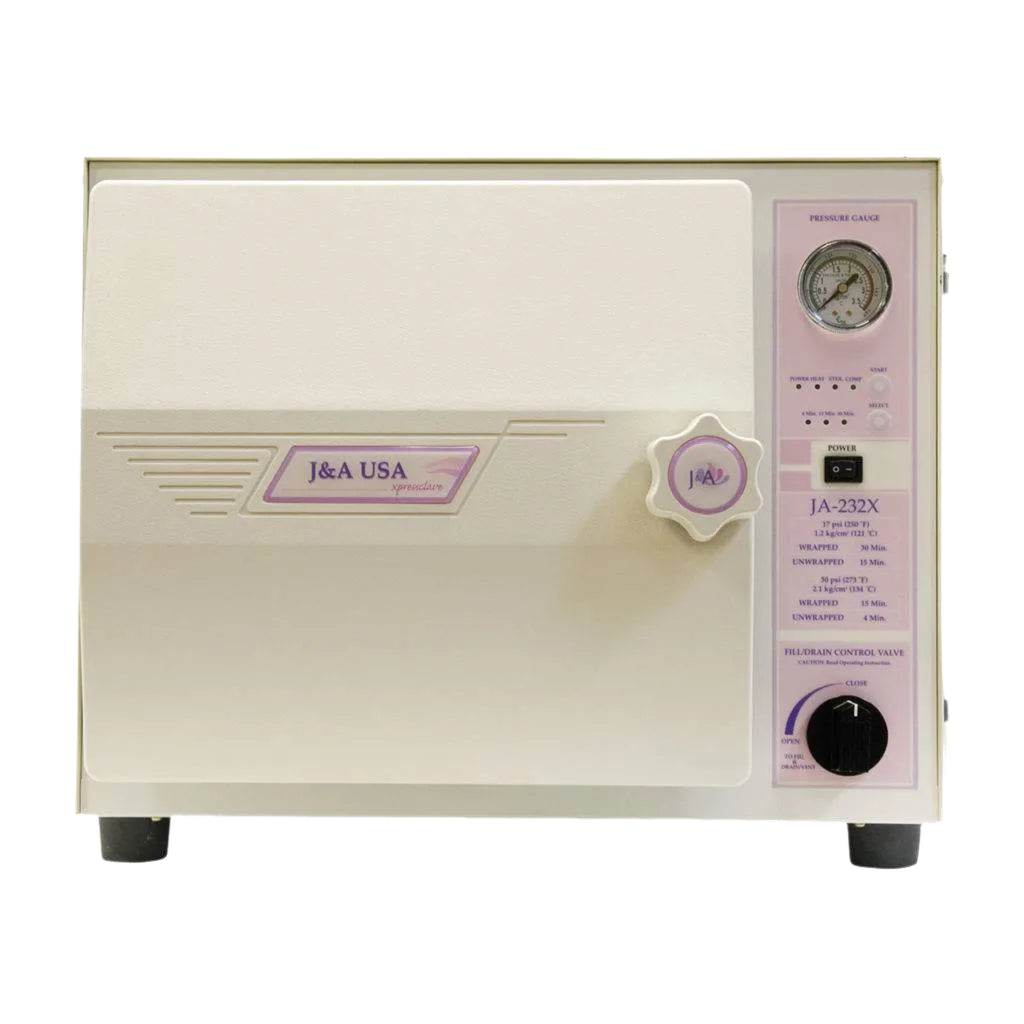 A sleek professional XpressClave autoclave steam sterilizer machine open to show the stainless steel chamber and implement tray.