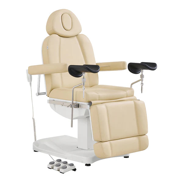 High-end Beige electric salon and medical exam chair with adjustable arm supports and automatic foot remote.