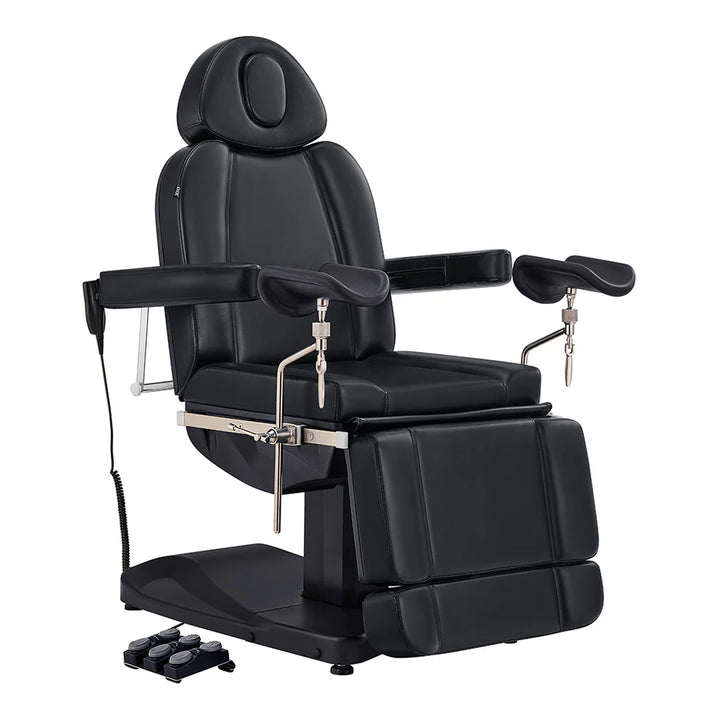 High-end black electric salon and medical exam chair with adjustable arm supports and automatic foot remote.