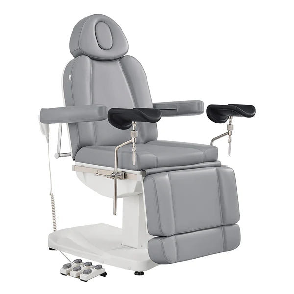 High-end Gray electric salon and medical exam chair with adjustable arm supports and automatic foot remote.