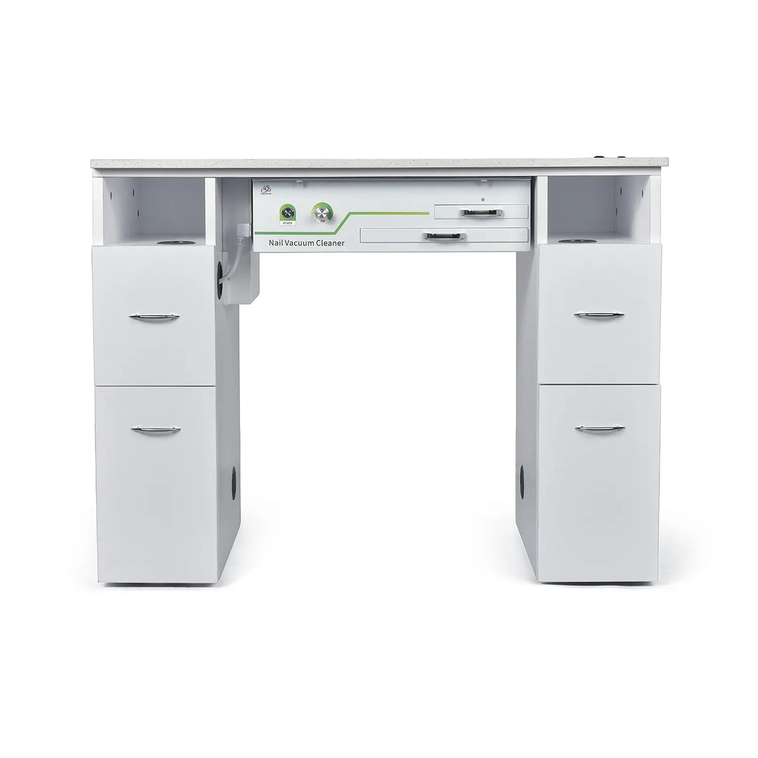 White nail station with drawers and a vacuum cleaner inside on a white background